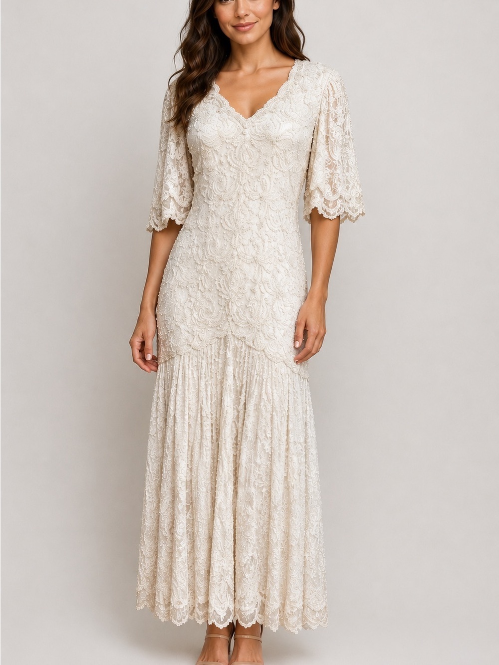 Cache Vintage Wedding Gown Beaded Lace Maxi Formal Dress Ivory White Size Medium